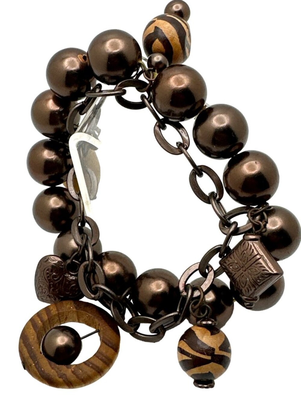 Eclectic Multi-Bead Bracelet Charms Heart Chain Brown Tan Elevated Boho